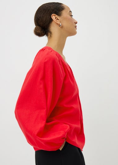 Red Linen Rich Gathered Blouse