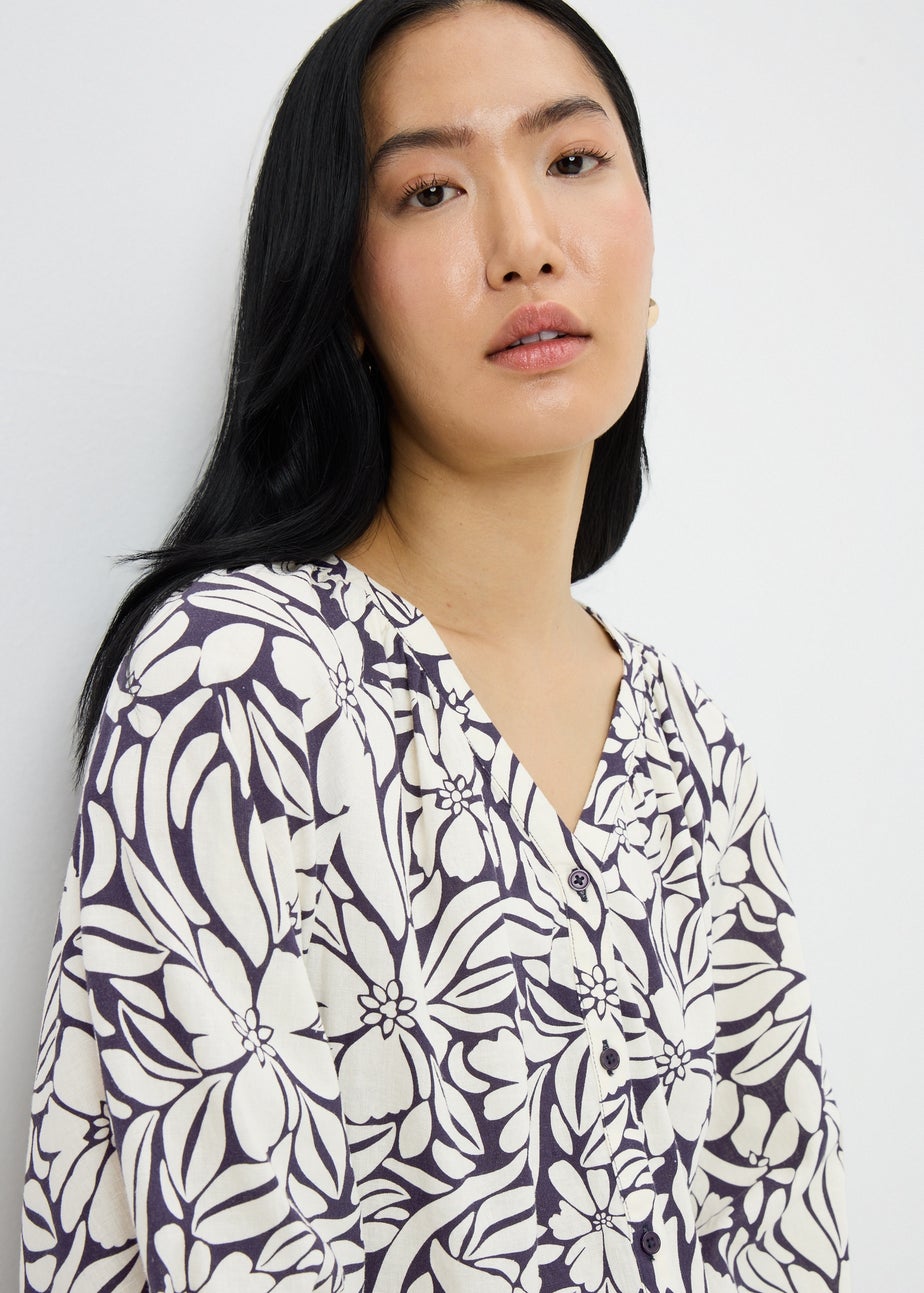 Blue Floral Linen Rich Gathered Blouse