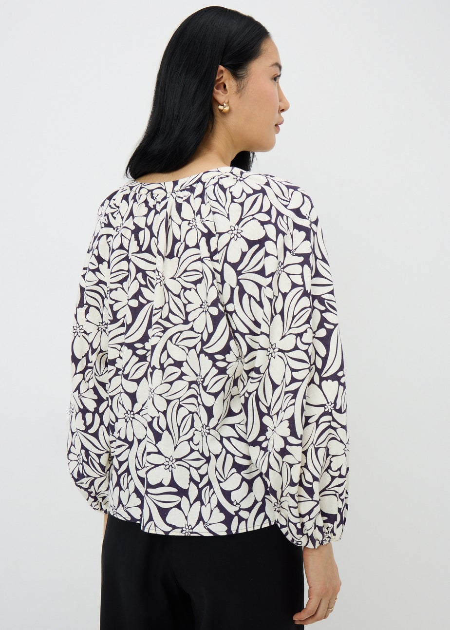 Blue Floral Linen Rich Gathered Blouse