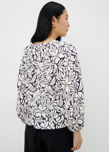 Blue Floral Linen Rich Gathered Blouse