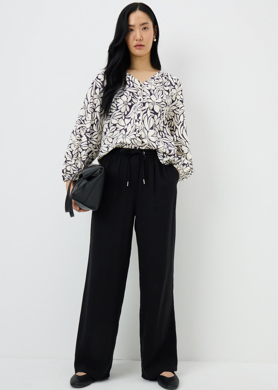 Blue Floral Linen Rich Gathered Blouse