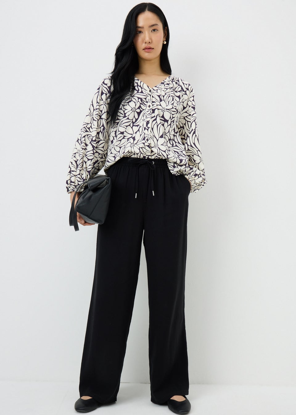 Blue Floral Linen Rich Gathered Blouse