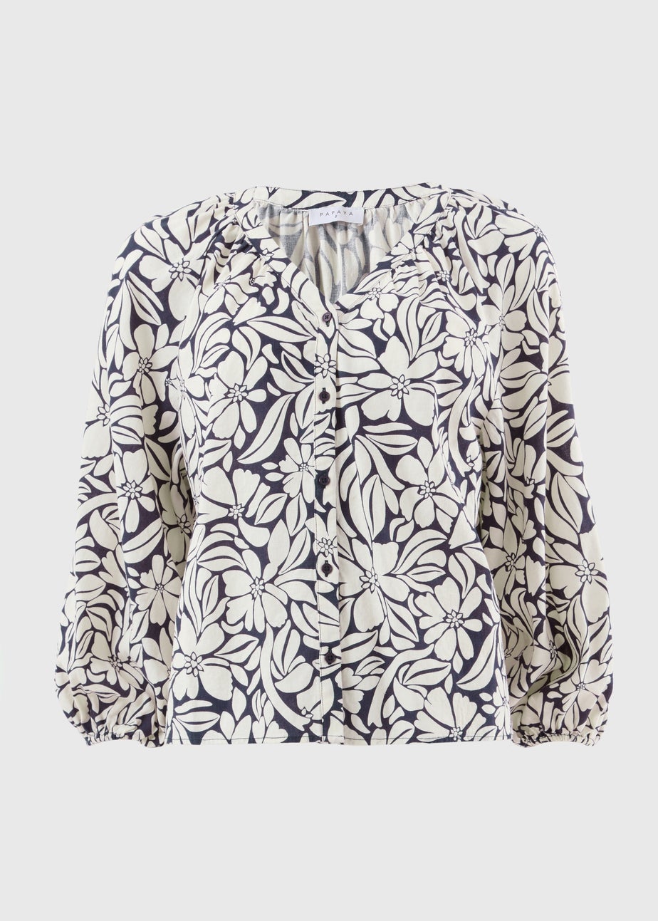 Blue Floral Linen Rich Gathered Blouse