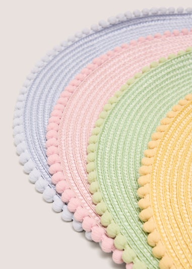 4 Pack Multicolour Round Pom Placemats