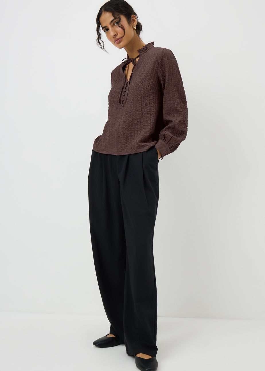 Chocolate Brown Textured High Neck Blouse