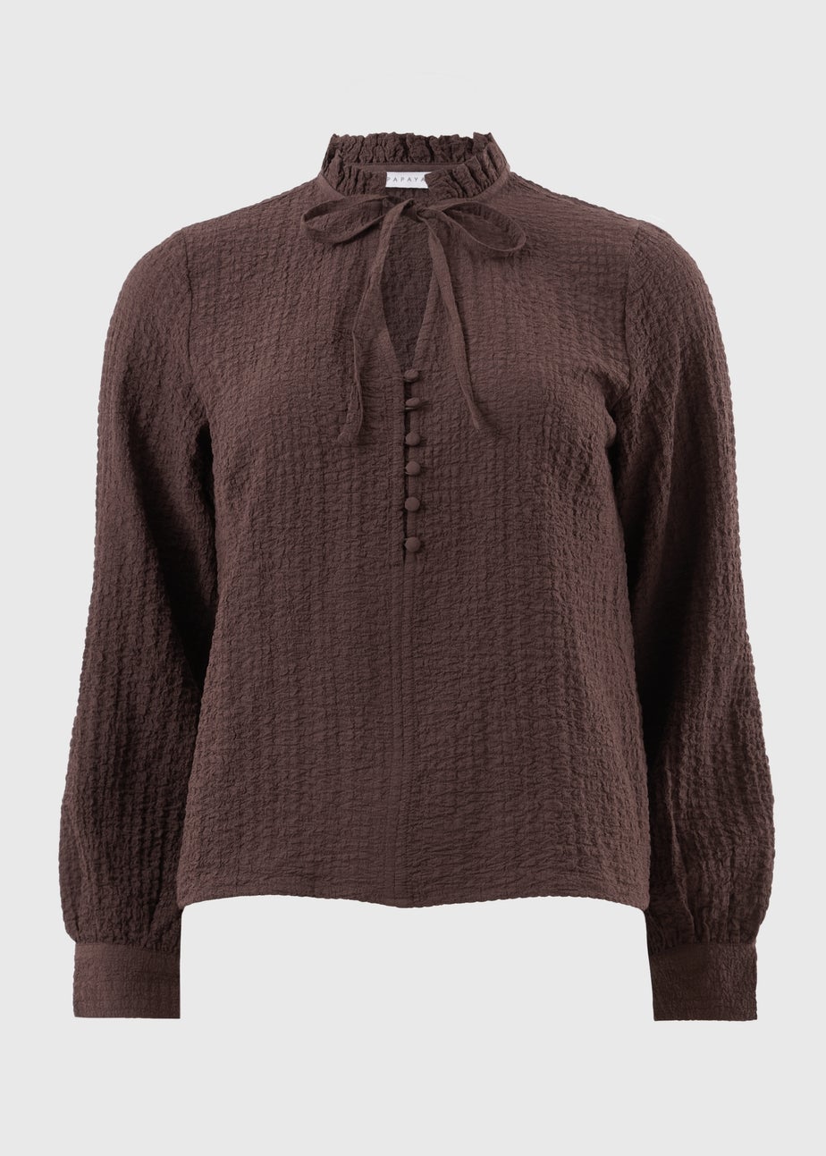 Chocolate Brown Textured High Neck Blouse