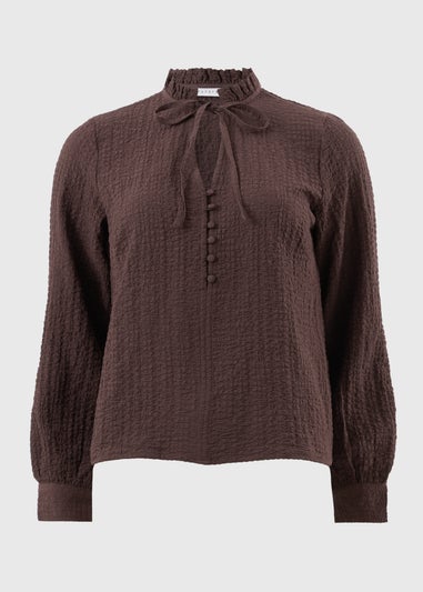 Chocolate Brown Textured High Neck Blouse