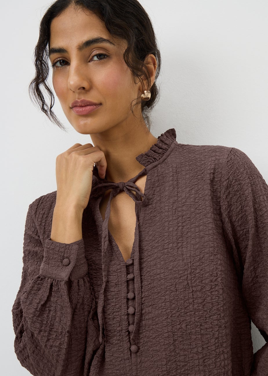 Chocolate Brown Textured High Neck Blouse
