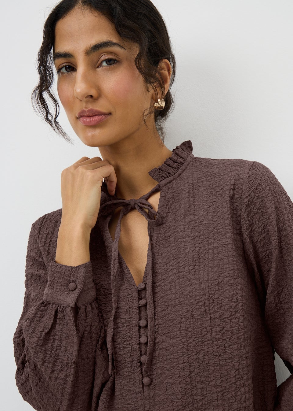 Chocolate Brown Textured High Neck Blouse