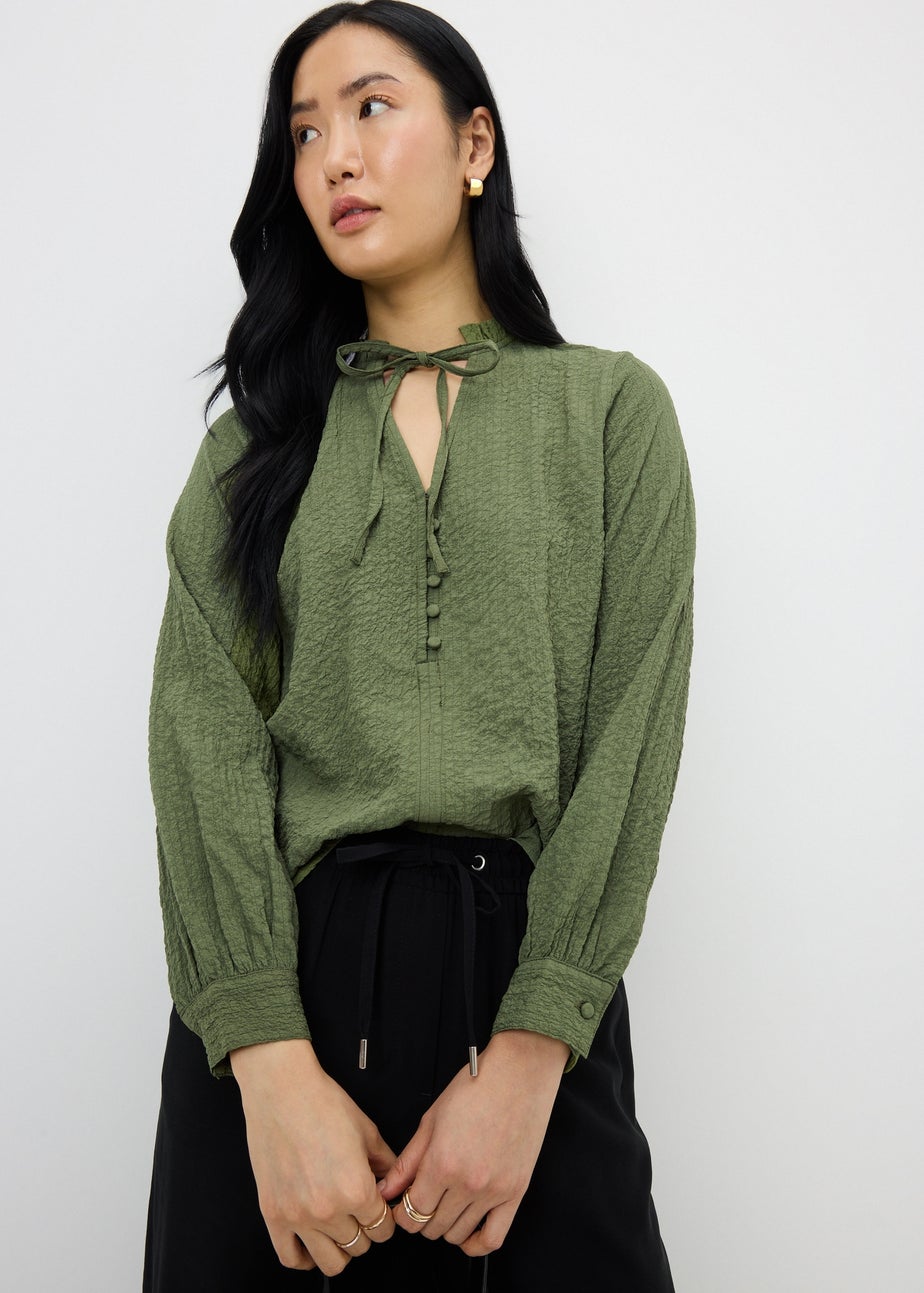 Green Textured High Neck Blouse