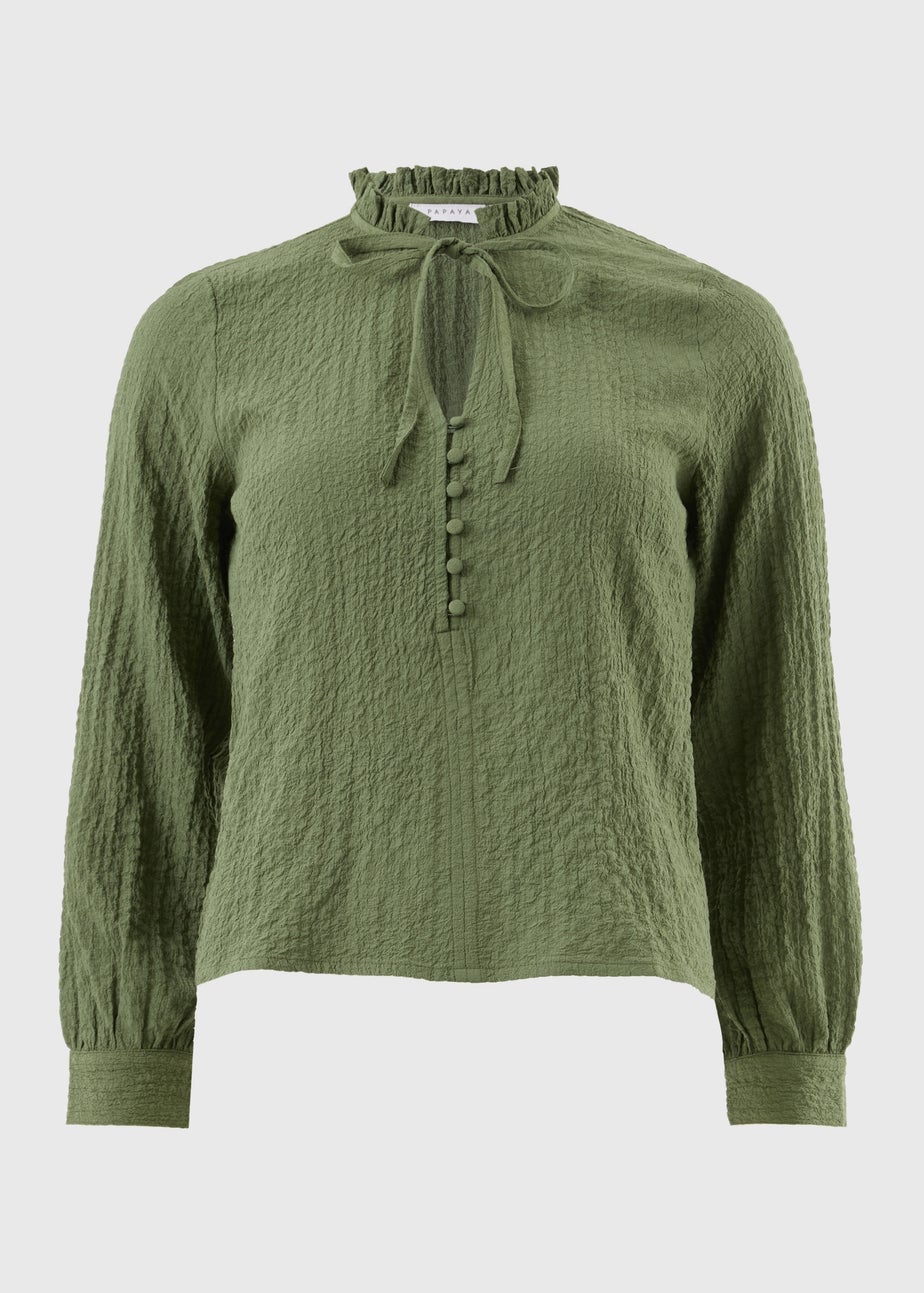 Green Textured High Neck Blouse