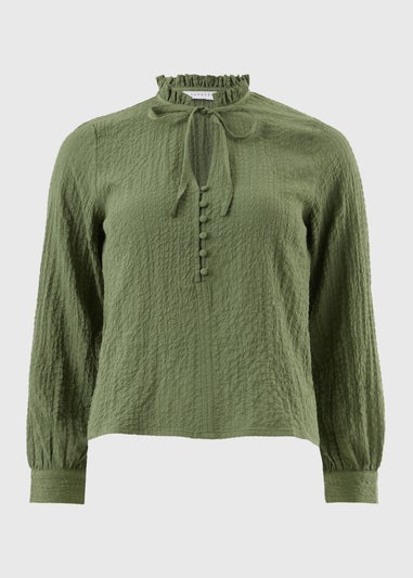 Green Textured High Neck Blouse
