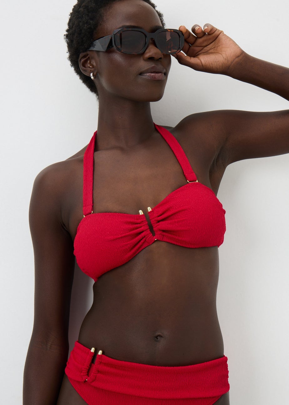 Red Textured Hardware Detail Bikini Top
