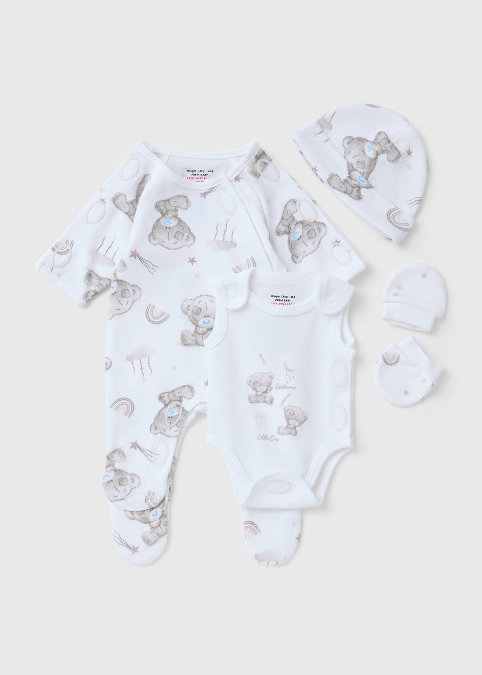 Tiny Tatty Teddy 4 Piece Prem Baby White Sleepsuit Set (3-4lb)
