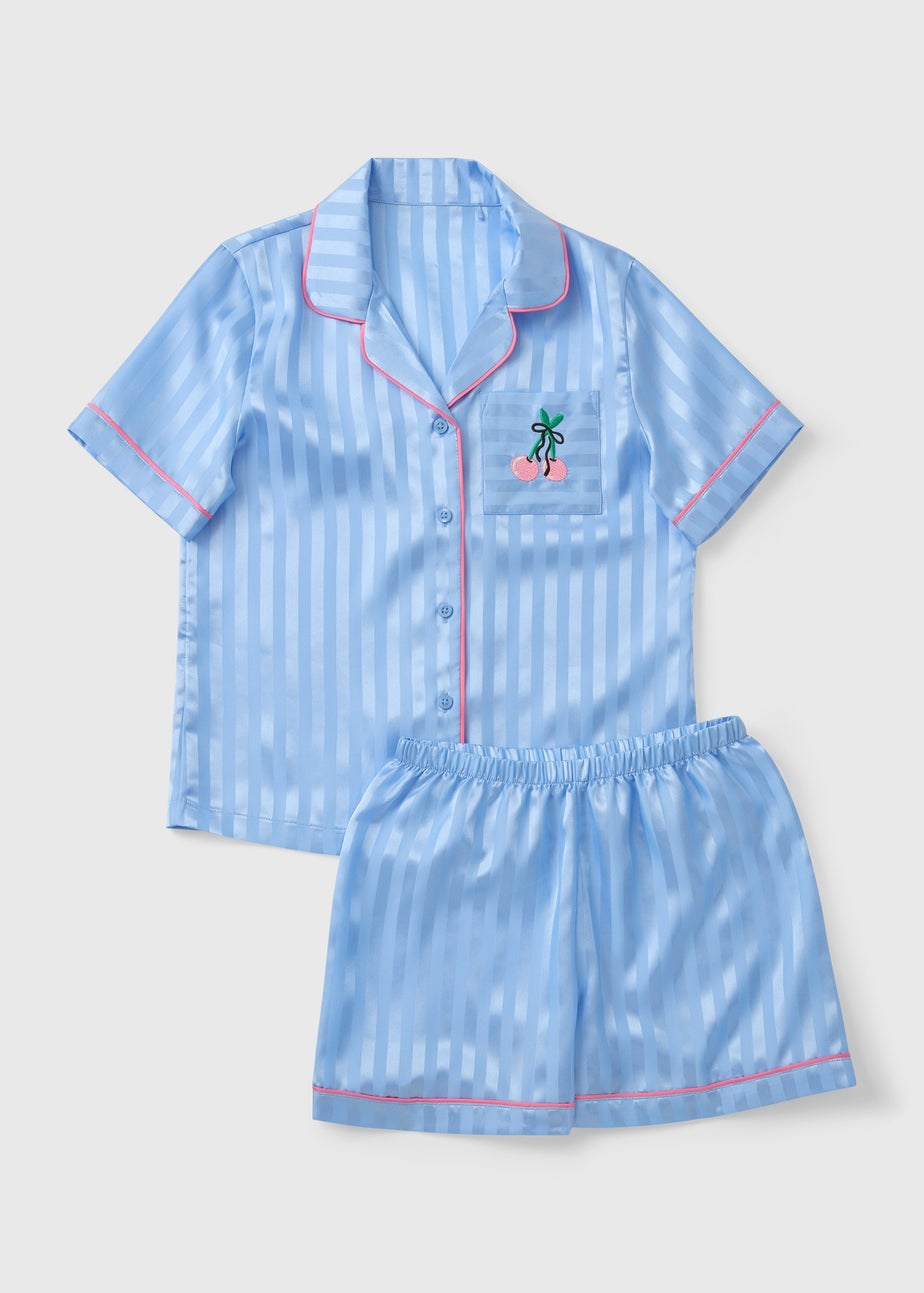 Kids Blue Satin Cherry Short Pyjama Set (4-13yrs)