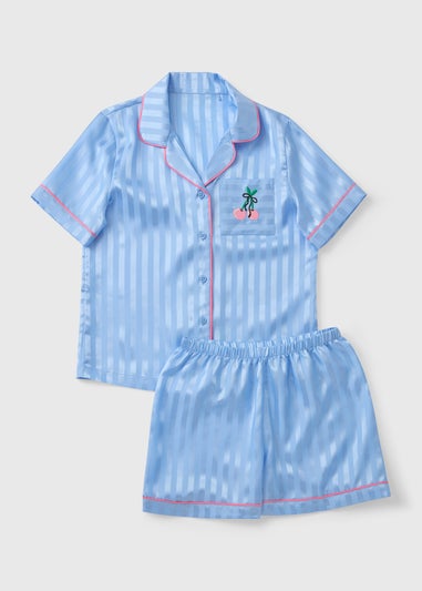 Kids Blue Satin Cherry Short Pyjama Set (4-13yrs)