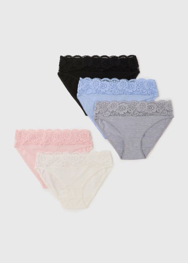 5 Pack Pastel Lace Trim High Leg Knickers