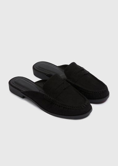 Black Faux Suede Open Back Loafers