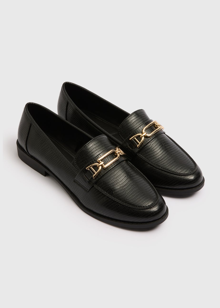 Black Croc Metal Bar Wide Fit Loafers
