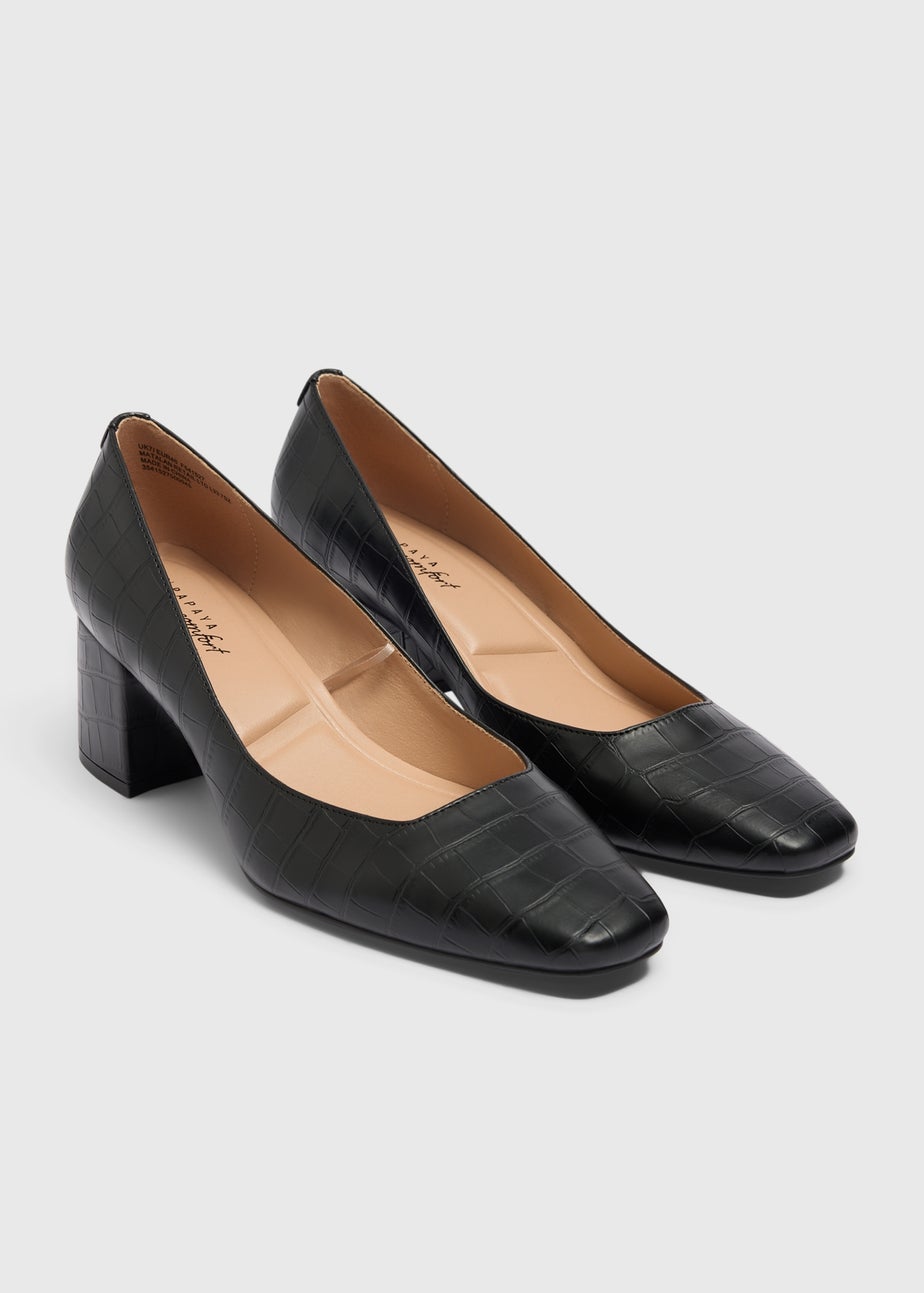 Black Croc Square Toe Court Block Heels