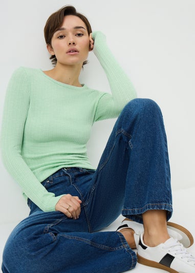 Green Ribbed Long Sleeve Top