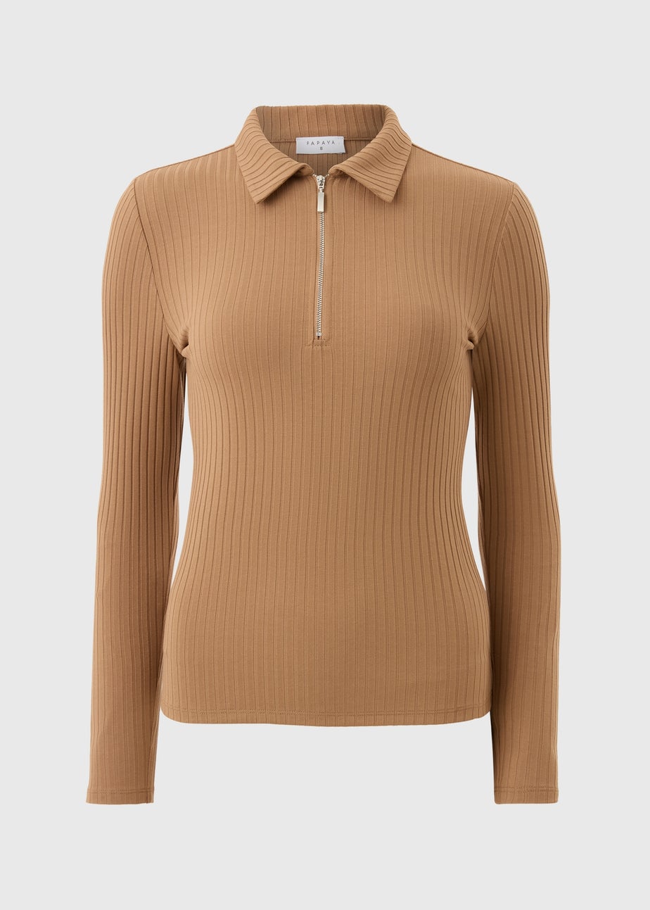 Camel Ribbed Half Zip Collar Top