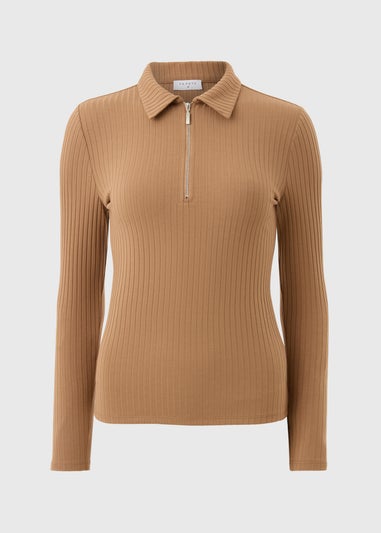 Camel Ribbed Half Zip Collar Top