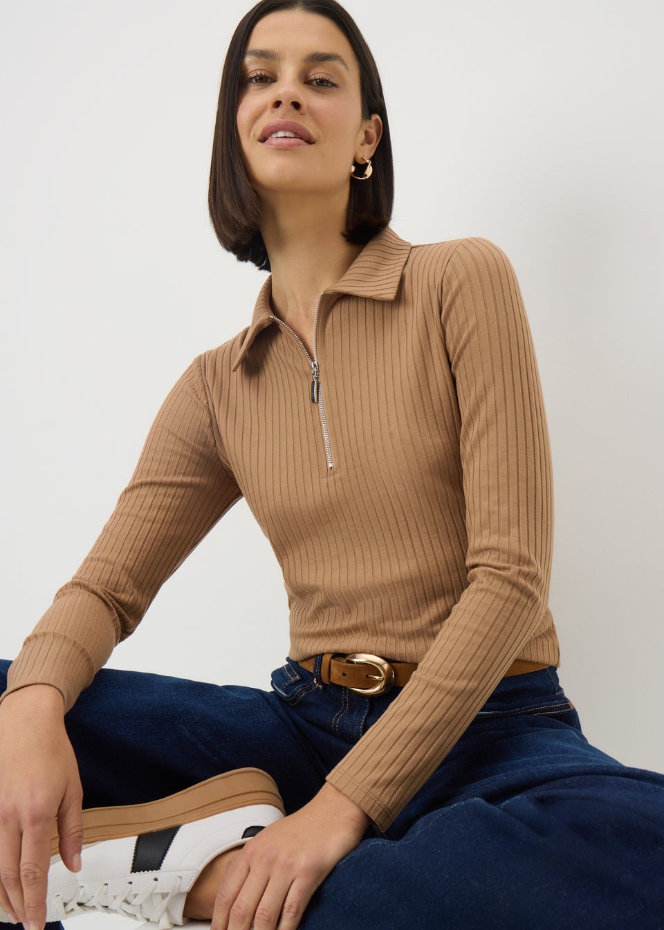 Camel Ribbed Half Zip Collar Top