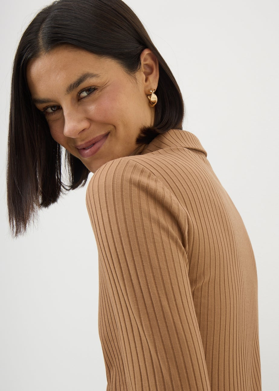 Camel Ribbed Half Zip Collar Top