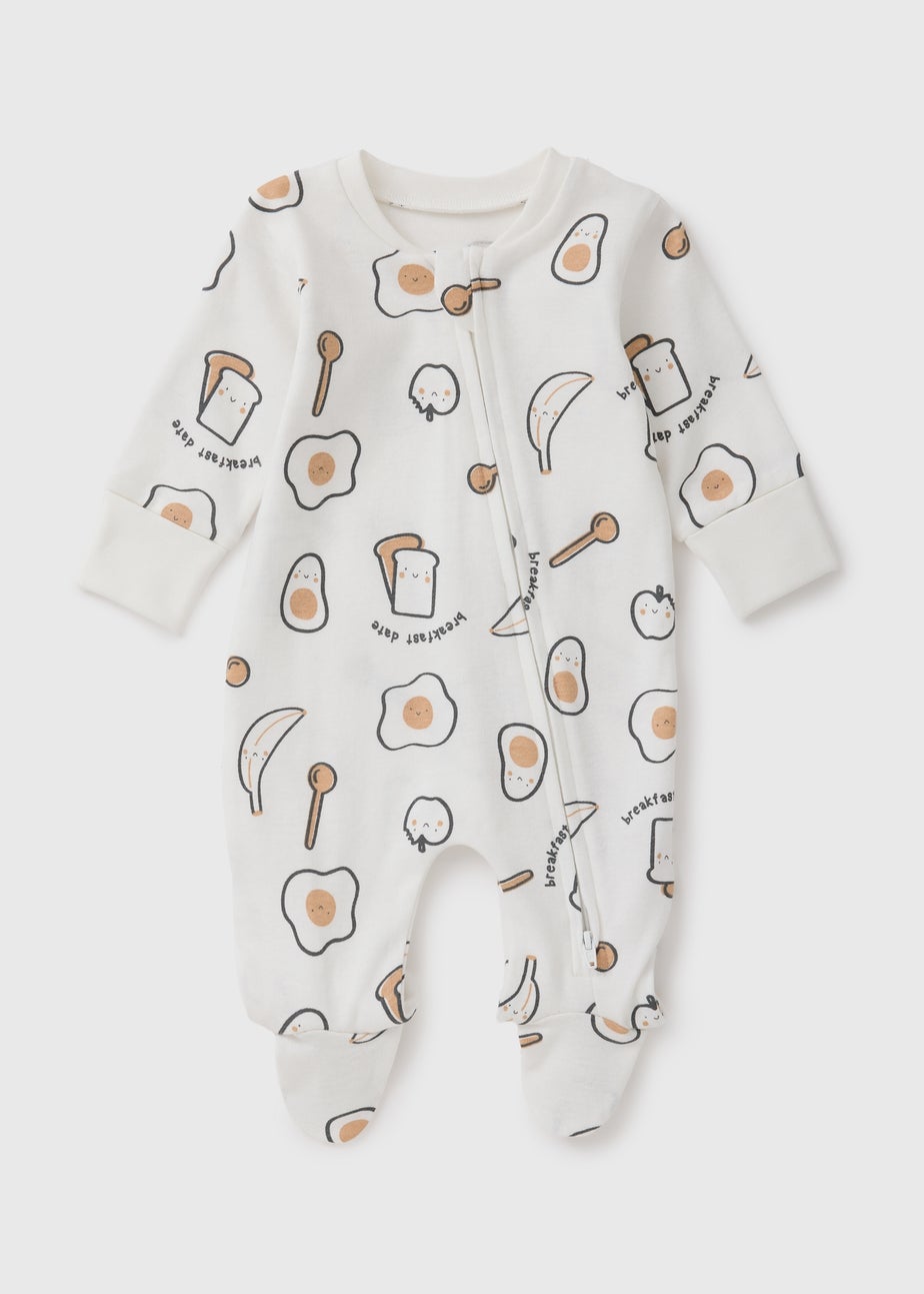 Baby White Breakfast Zipped Sleepsuit (Newborn-23mths)