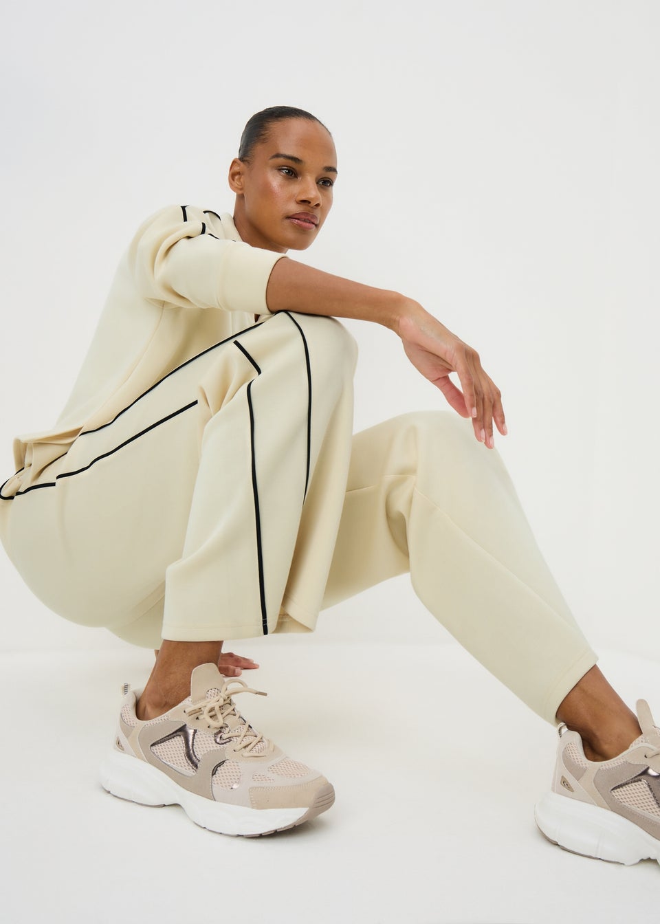 Cream Scuba Piped Co Ord Trousers