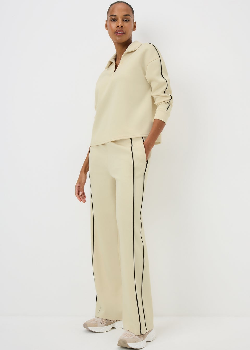 Cream Scuba Piped Co Ord Trousers
