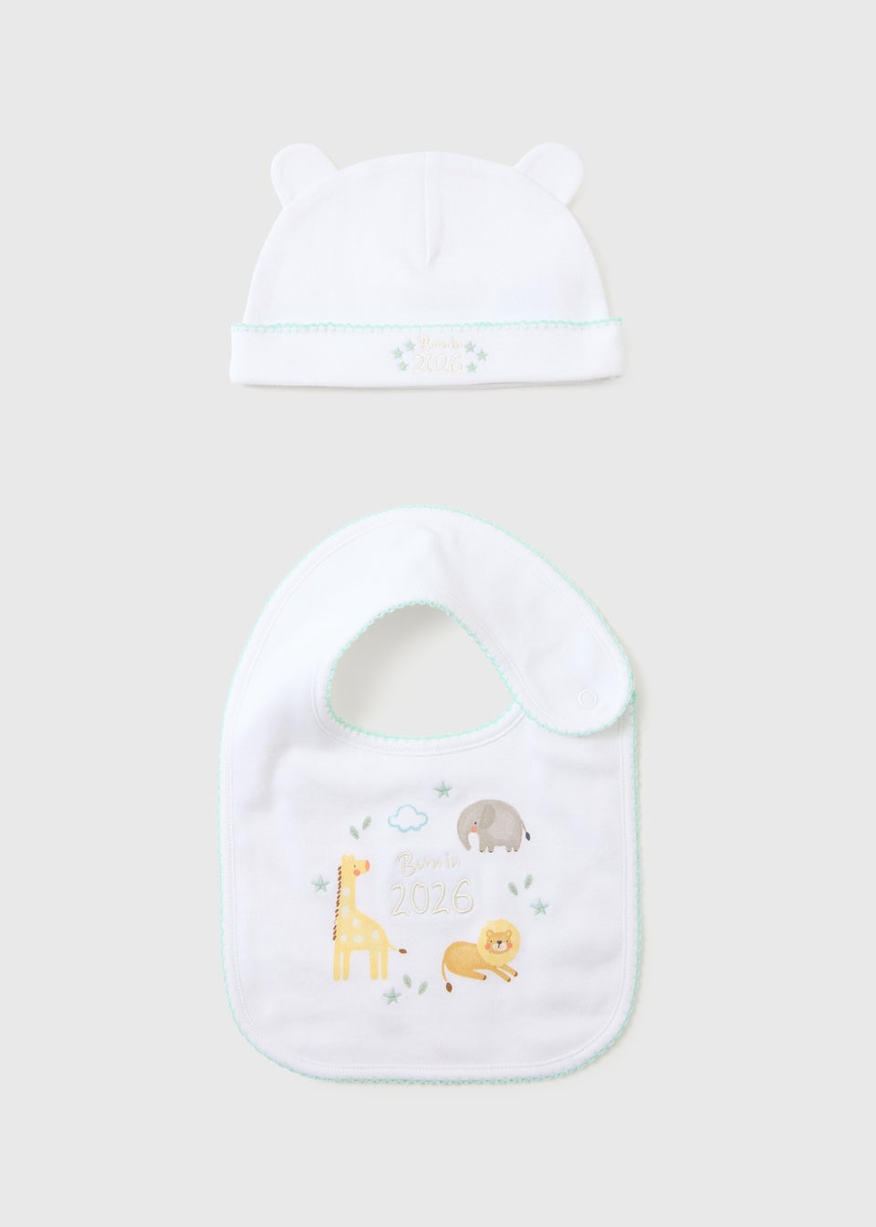Baby White Born In Bib & Hat Set