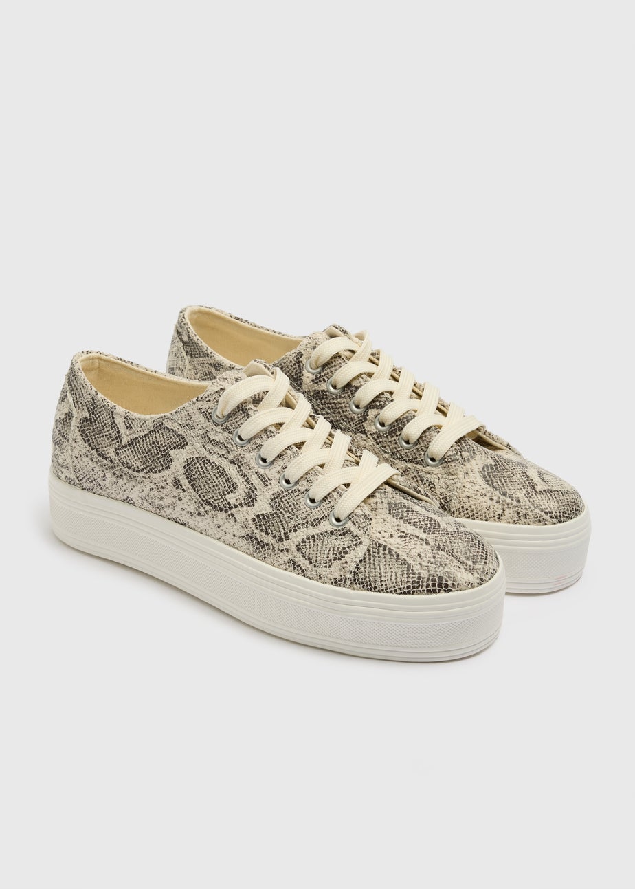 Neutral Snake Print Lace Up Platform Trainers