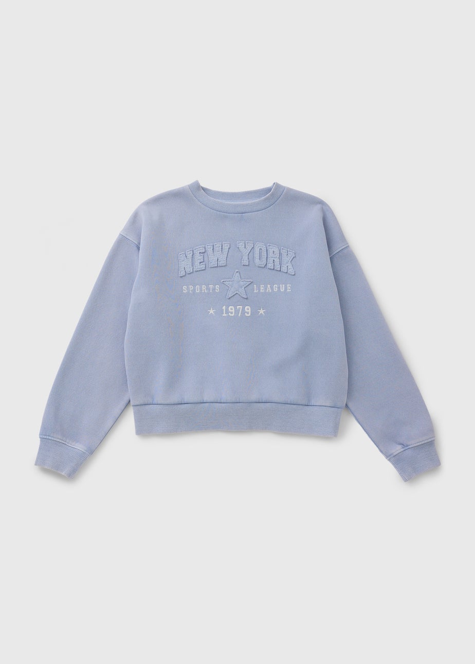 Girls Blue New York Acid Wash Sweatshirt (7-15yrs)