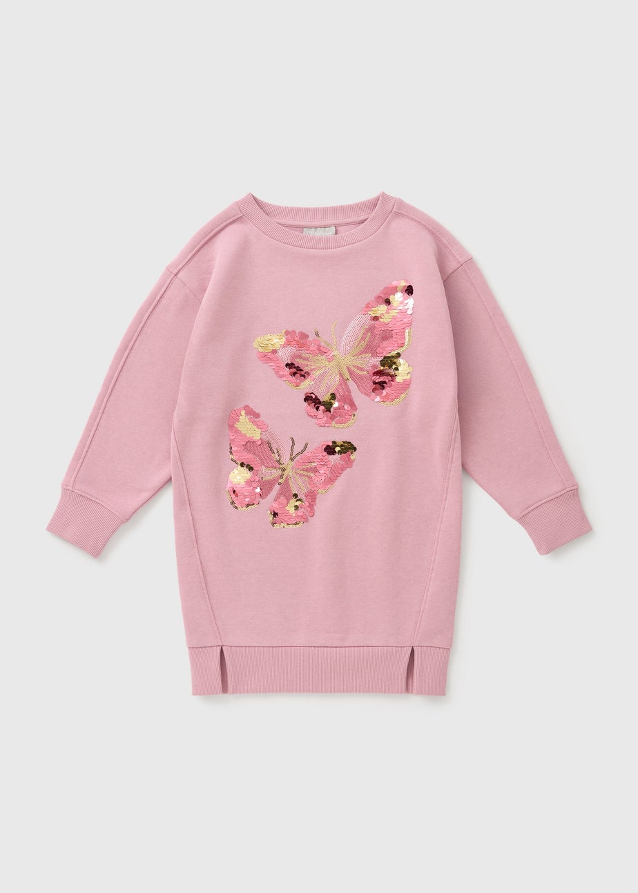 Girls Pink Butterfly Sweatshirt Dress (7-15yrs)