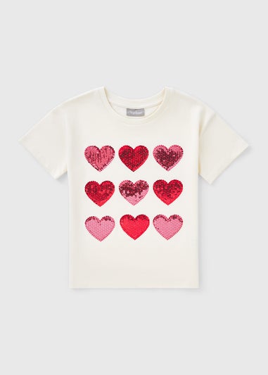 Girls Cream Heart Sequin T-Shirt (7-15yrs)