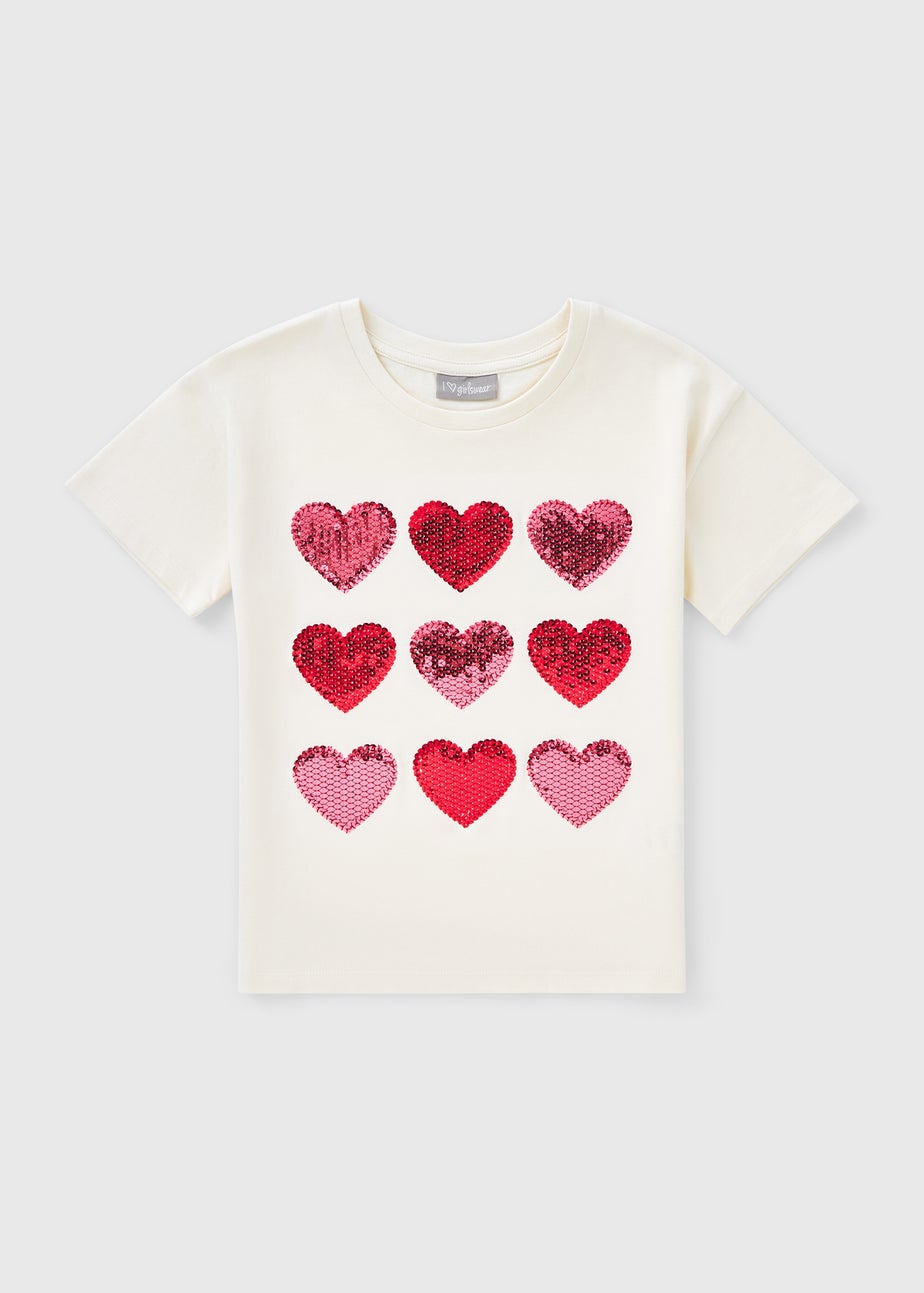 Girls Cream Heart Sequin T-Shirt (7-15yrs)