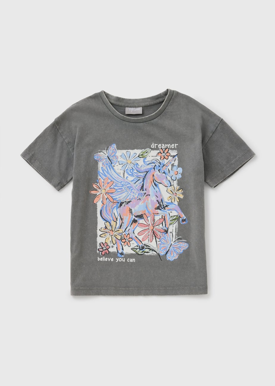 Girls Black Unicorn Acid Wash T-Shirt (7-15yrs)