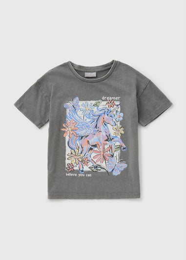 Girls Black Unicorn Acid Wash T-Shirt (7-15yrs)