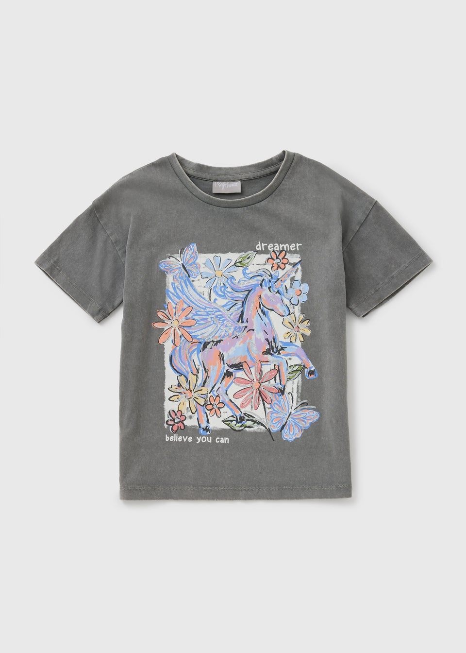 Girls Black Unicorn Acid Wash T-Shirt (7-15yrs)
