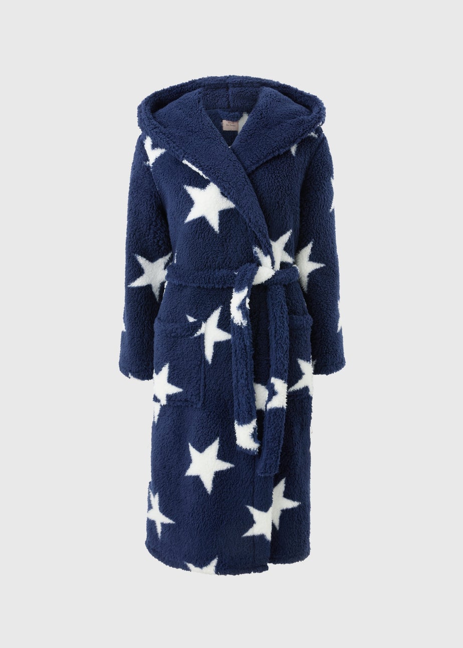 Navy Star Pattern Fleece Dressing Gown