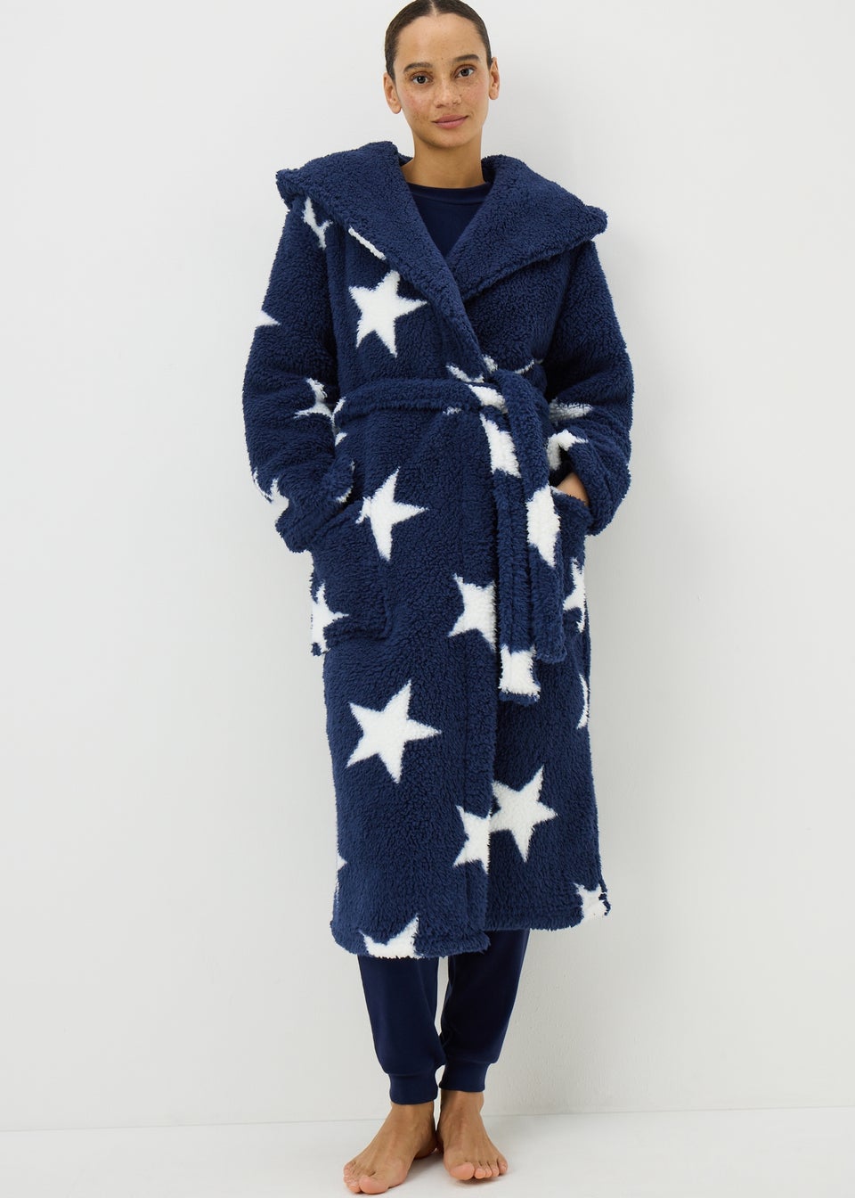 Navy Star Pattern Fleece Dressing Gown