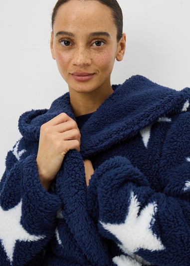 Navy Star Pattern Fleece Dressing Gown