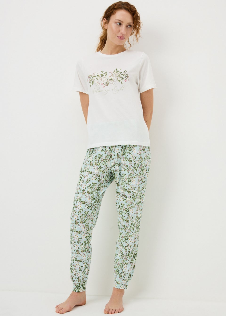 Green Floral Cuffed Pyjama Set