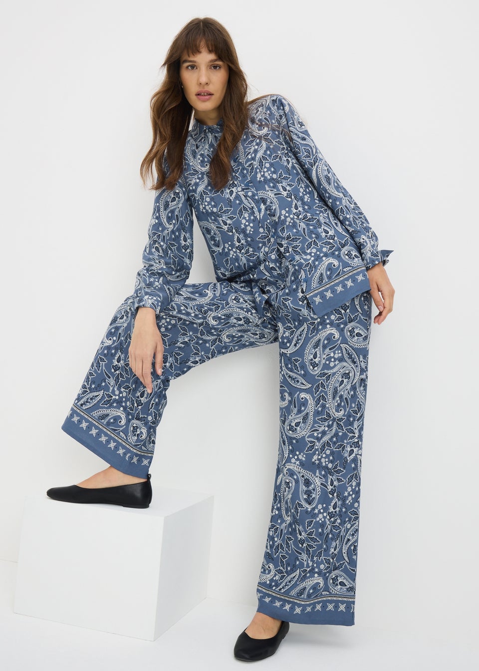 Blue Printed Co Ord Wide Leg Trousers