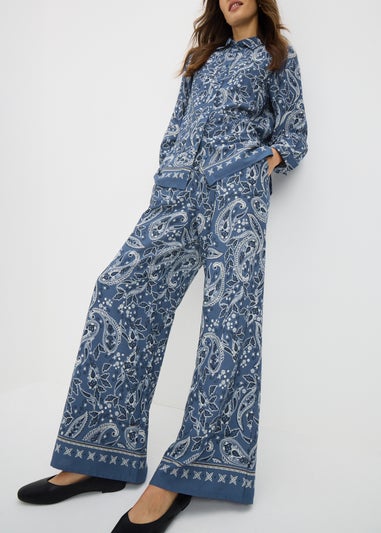 Blue Printed Co Ord Wide Leg Trousers