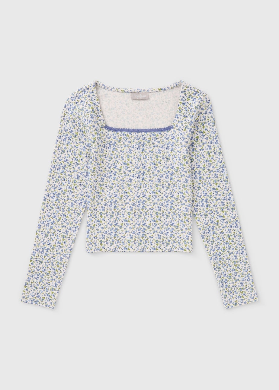 Girls Blue Ditsy Floral Top