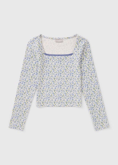 Girls Blue Ditsy Floral Top
