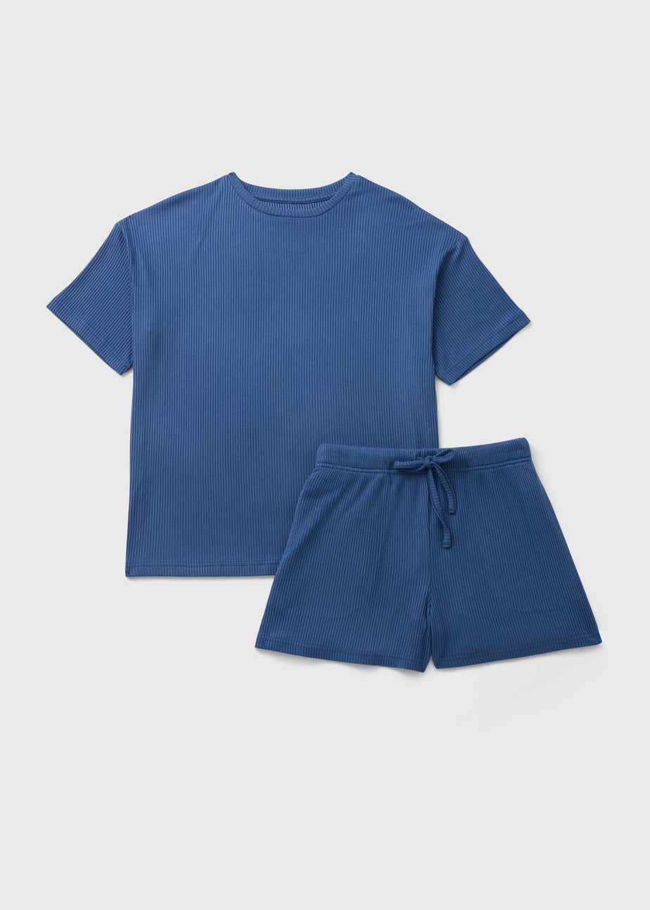 Blue Brushed Ribbed Short Pyjama Set
